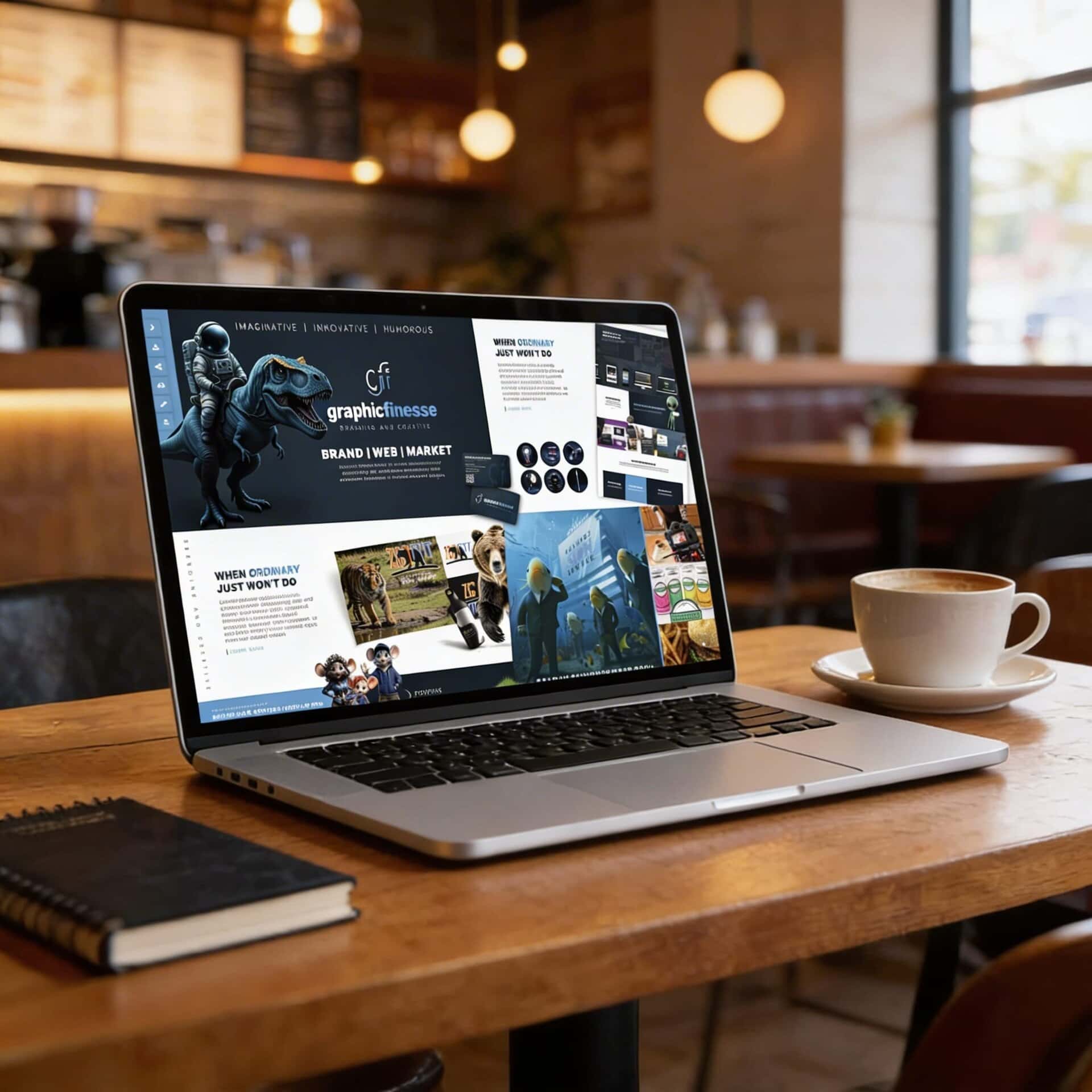 Laptop displaying brand guide comparison on wooden table in cozy cafe.