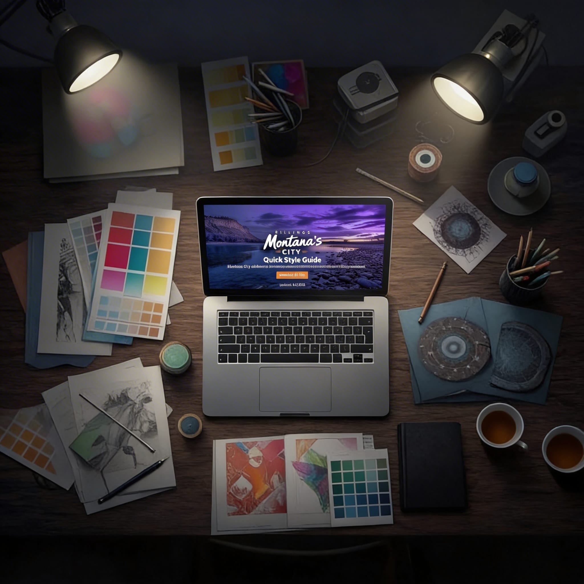 Creative workspace with color swatches, sketches, and a laptop for brand guide development.