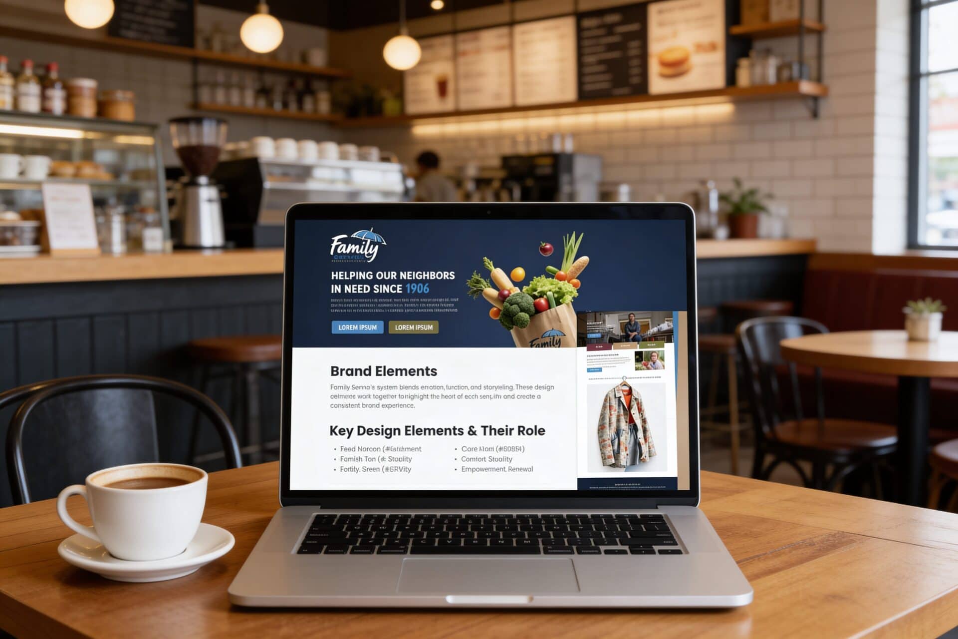 Laptop displaying a brand guide template in a cozy cafe setting.