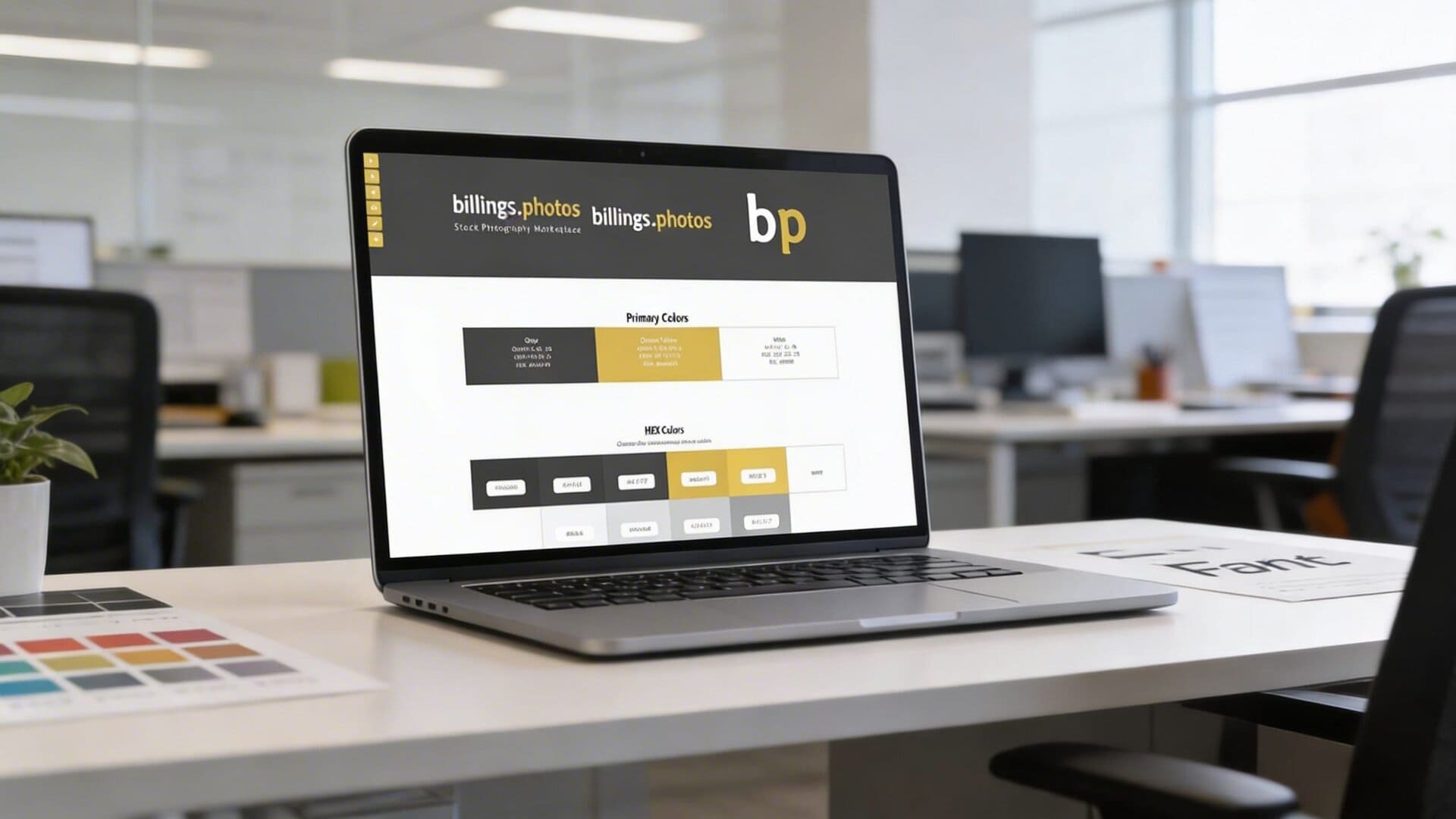 Digital brand guide interface displayed on a laptop in a modern office setting.