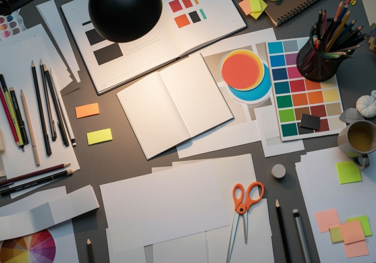 Creative workspace with color swatches, notebooks, and design tools.
