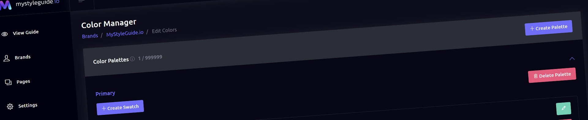 Screenshot of MyStyleGuide.io Color Manager interface showing color palette management.