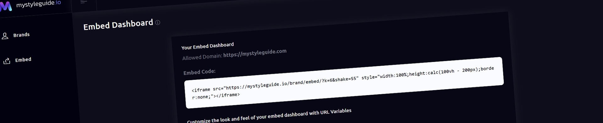 Screenshot of Embed Dashboard interface on MyStyleGuide.io platform.