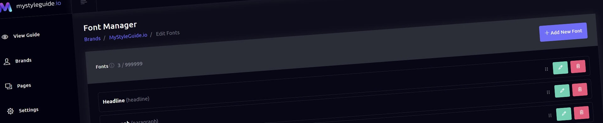 Screenshot of MyStyleGuide's Font Manager with font list and settings.