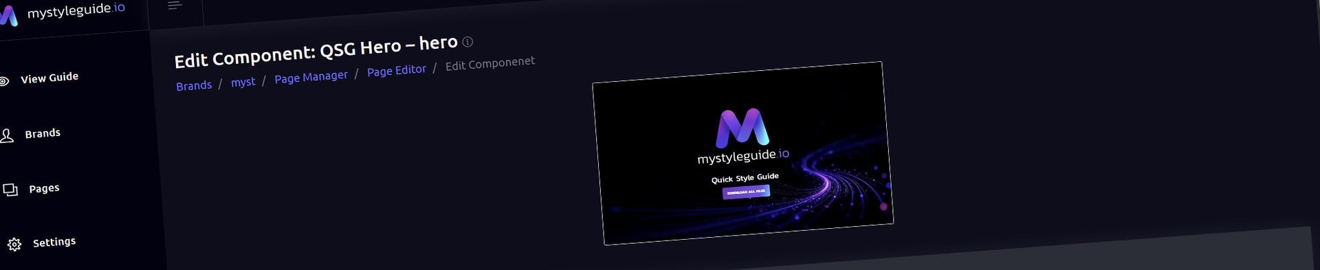 Screenshot of MyStyleGuide.io component editor interface with brand assets.