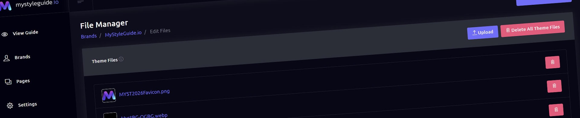 Screenshot of the File Manager interface on MyStyleGuide.io platform.