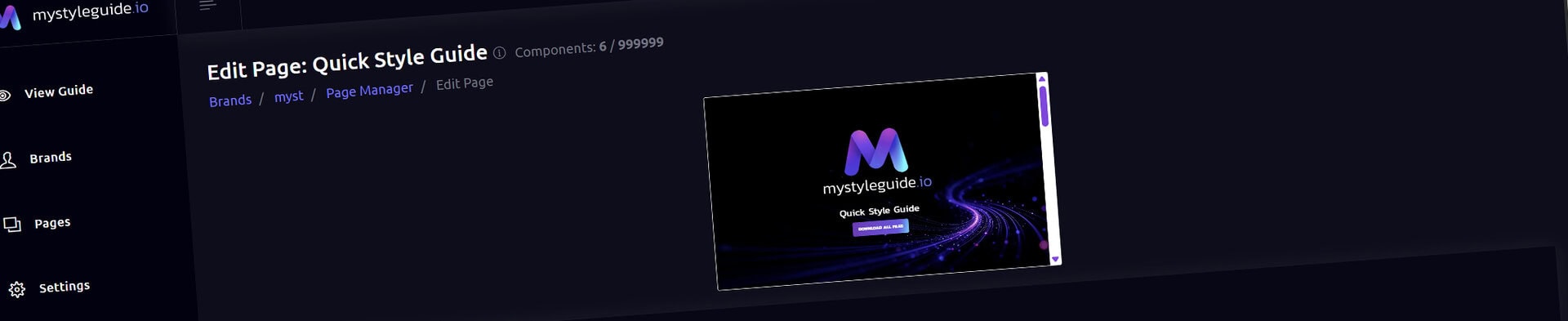 Screenshot of MyStyleGuide.io page editor interface with brand assets.