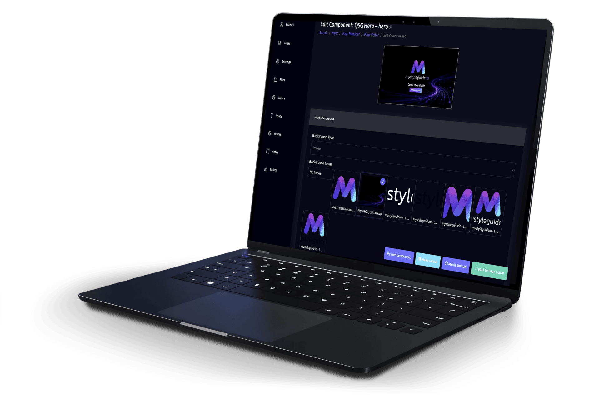 MyStyleGuide.io logo displayed on a laptop screen with branding interface.