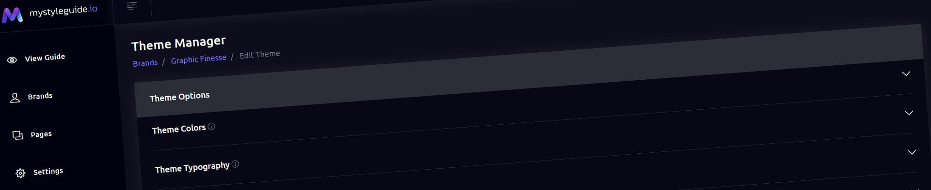 Screenshot of MyStyleGuide.io theme manager interface for brand organization.